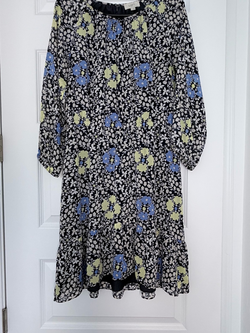 LOFT Black Midi Dress with Blue and Lime Floral Pattern